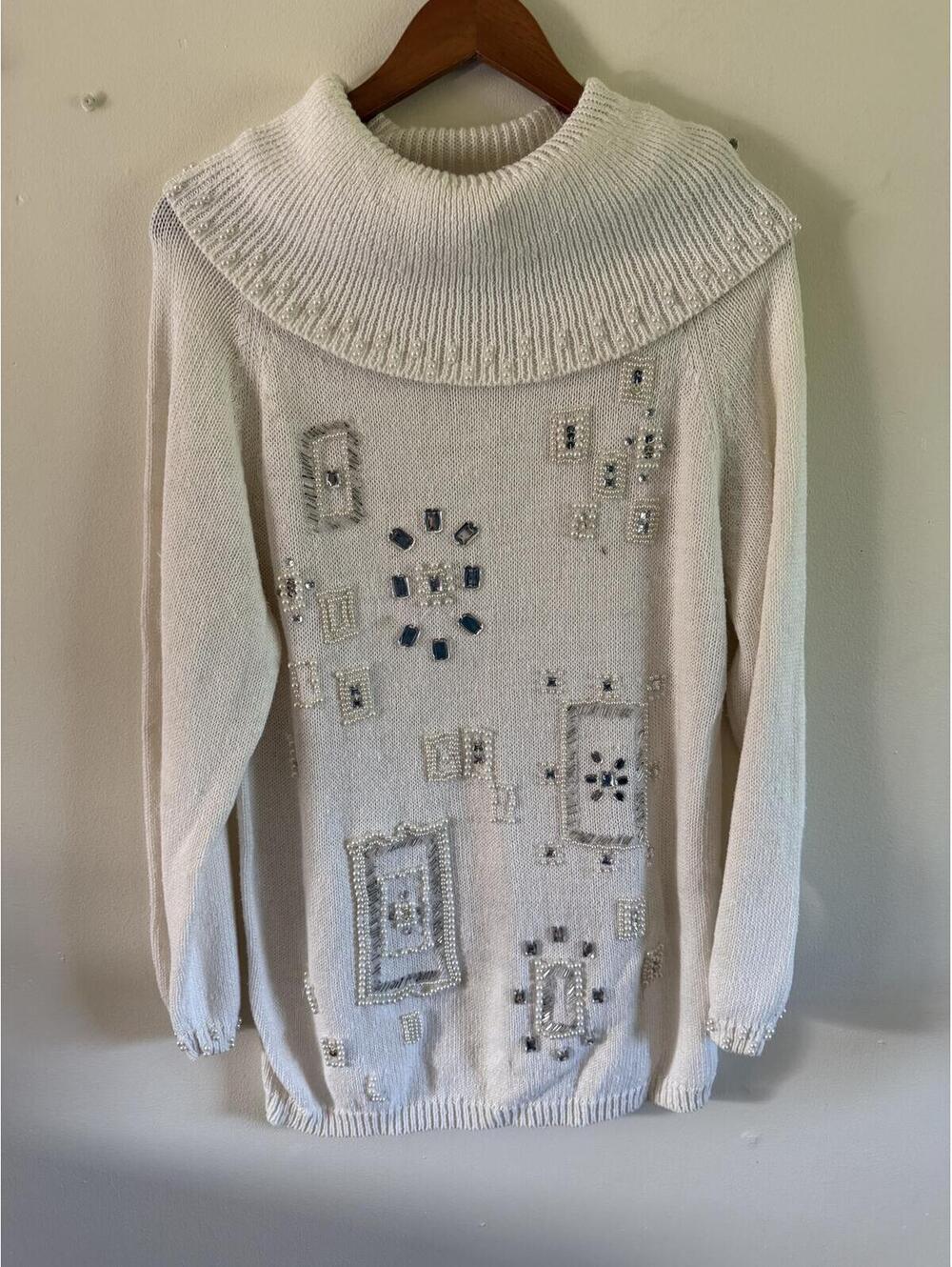 Vintage Cotton/Ramie Sweater Dress Rhinestones Pearls size Medium